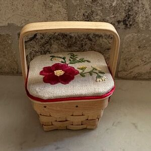 Vintage Embroidered 4” Floral Basket with Wooden Handle